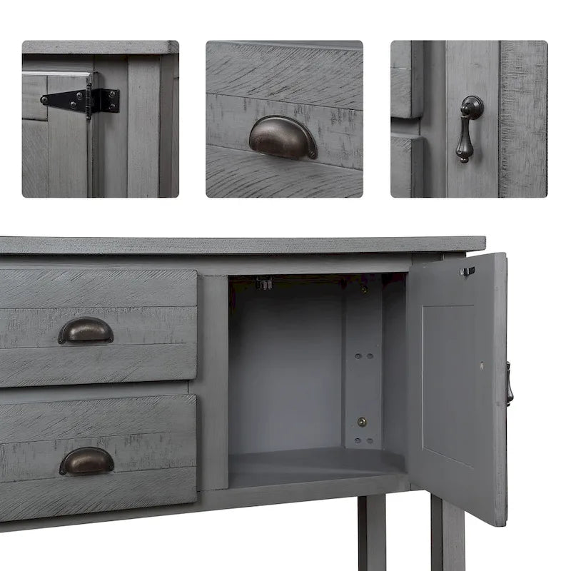 Console Table with 2 Drawers and Cabinets and Bottom Shelf, Retro Style Storage Dining Buffet Server Cabinet(Antique Gray)
