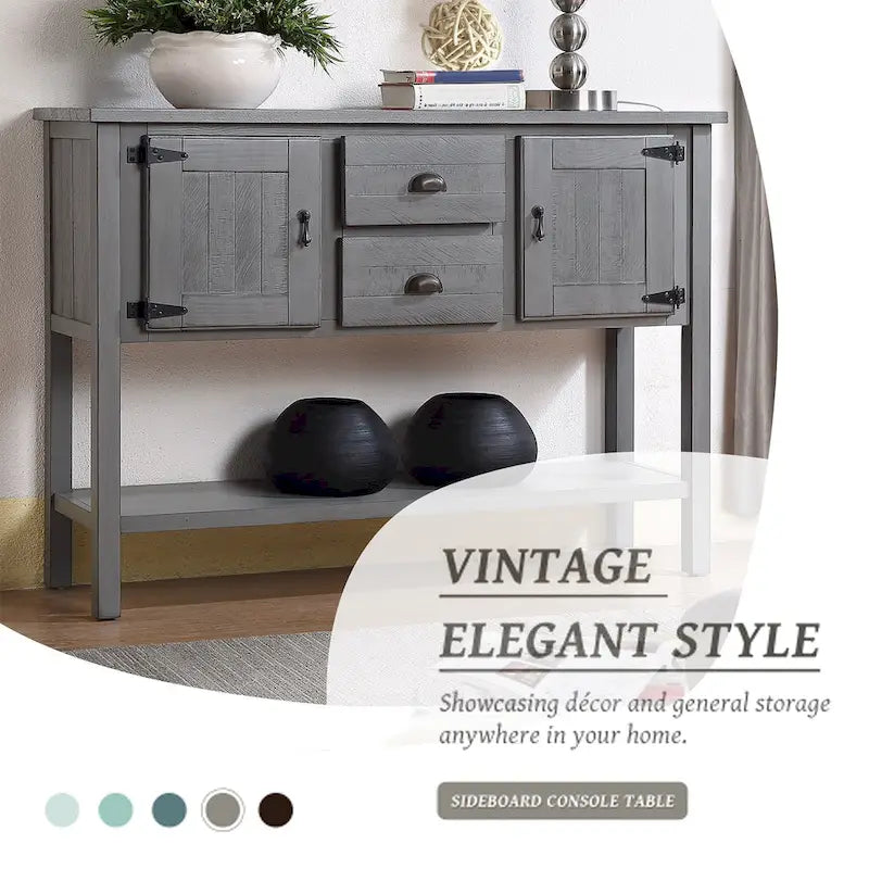 Console Table with 2 Drawers and Cabinets and Bottom Shelf, Retro Style Storage Dining Buffet Server Cabinet(Antique Gray)
