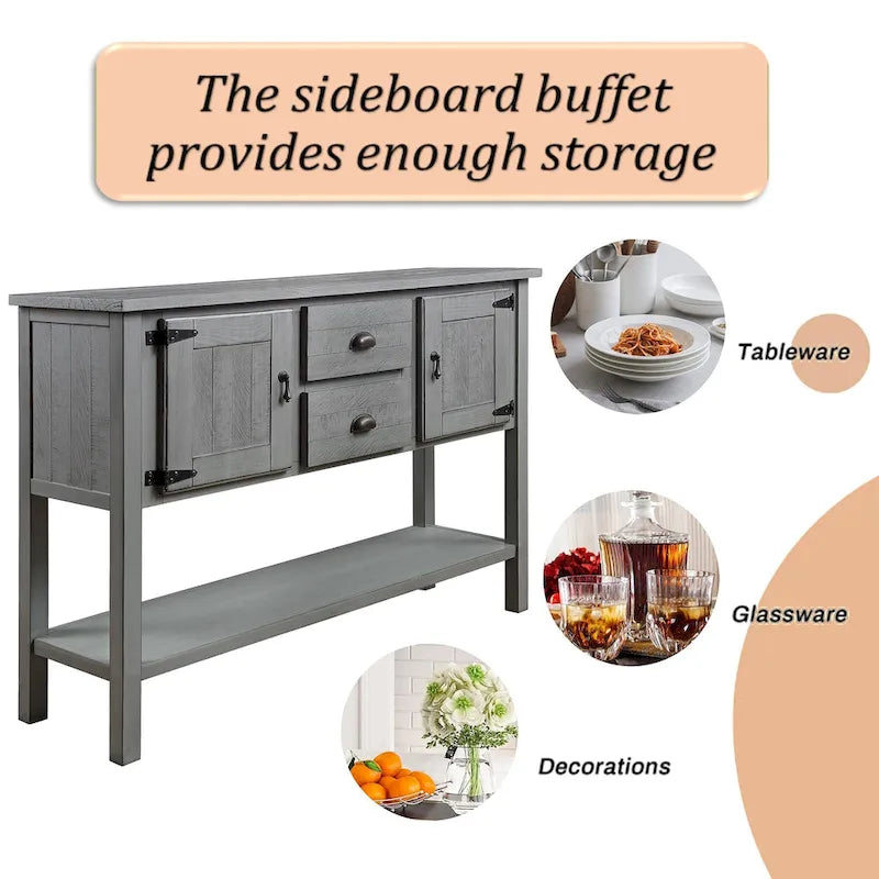 Console Table with 2 Drawers and Cabinets and Bottom Shelf, Retro Style Storage Dining Buffet Server Cabinet(Antique Gray)