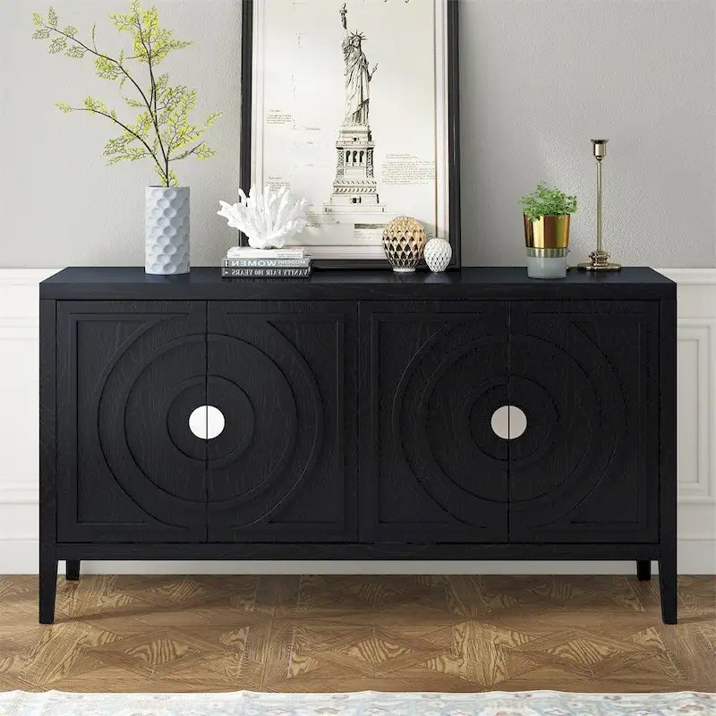 Retro Sideboard with Circular Groove Design Round Metal Door Handle