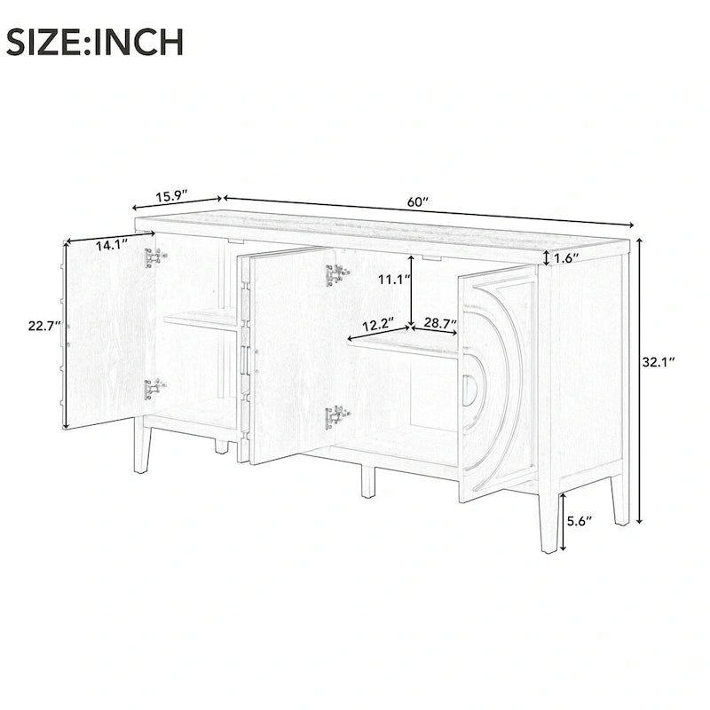 Retro Sideboard with Circular Groove Design Round Metal Door Handle
