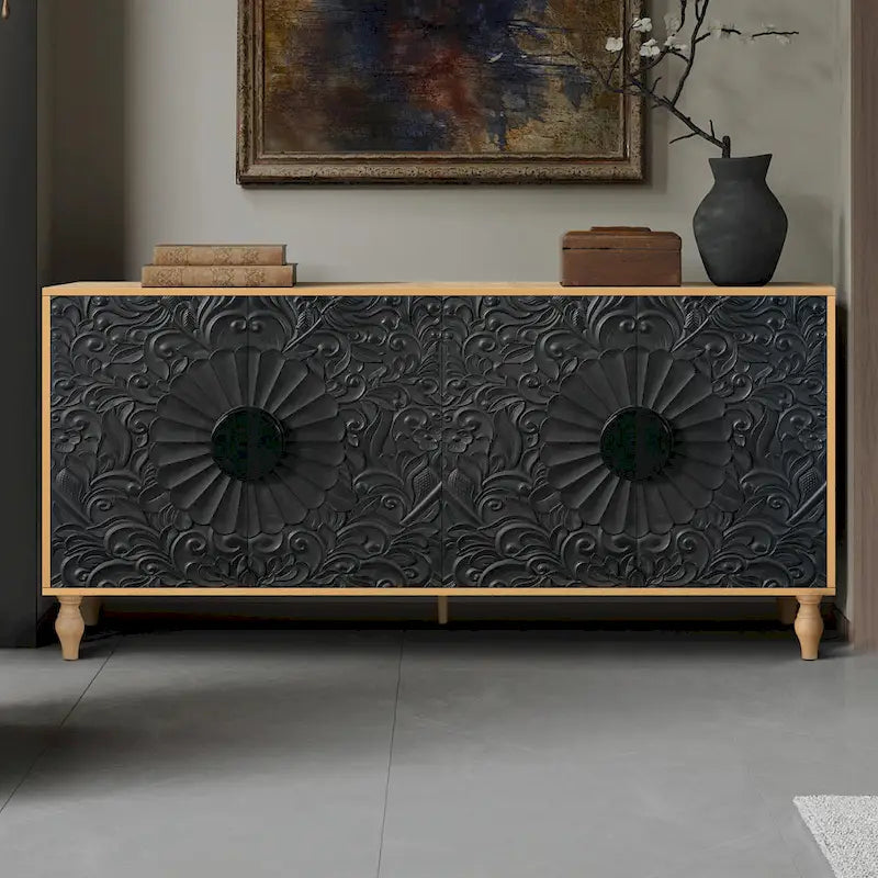 Vintage Large Cabinet with Faceted Carved and Spliced Doors