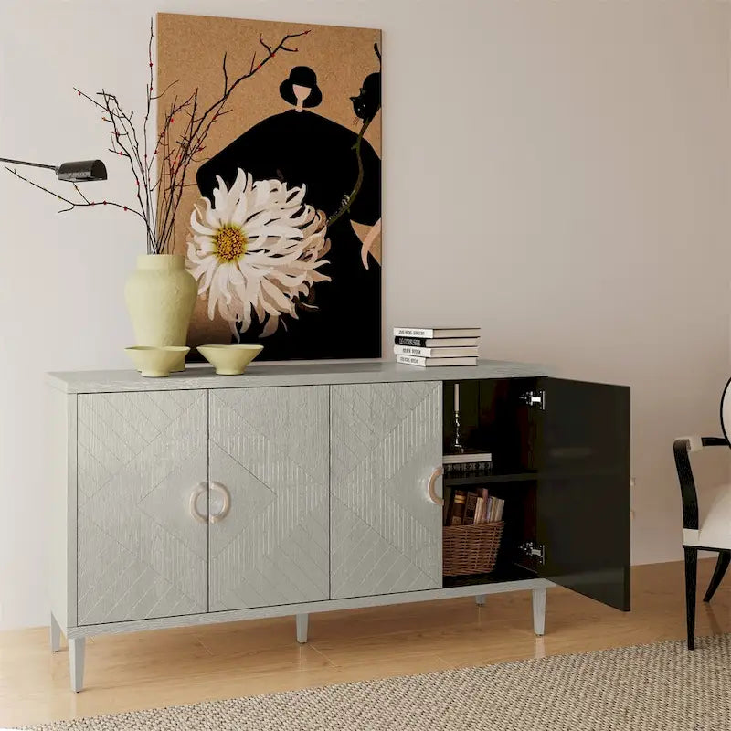 Stylish and Functional 4-Door Storage Cabinet with Pine Legs and MDF
