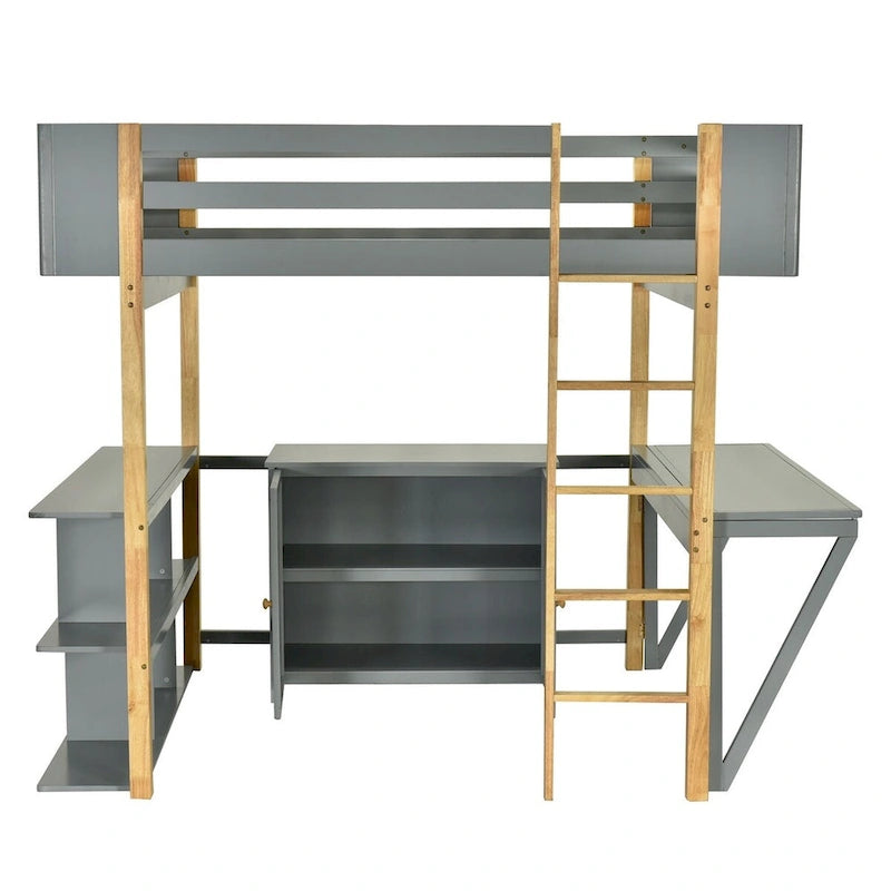 Merax Wood Loft Bed With Built-in Storage Cabinet and Shelves, Foldable desk