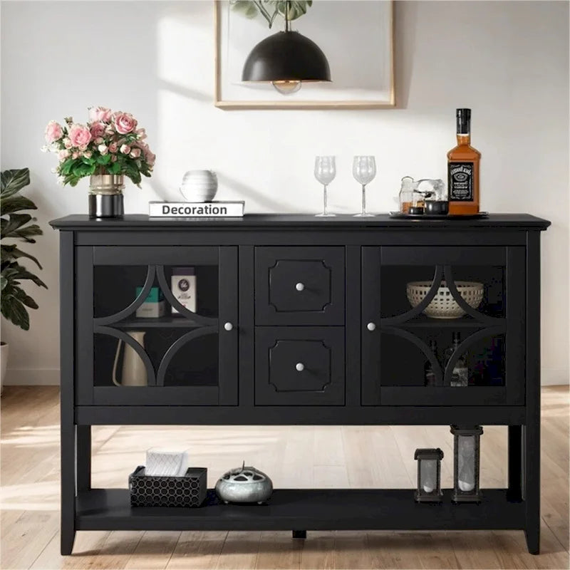 Wood Sideboard Buffet with Adjustable Shelves and Tempered Glass Doors