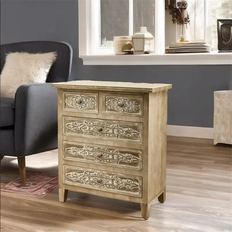 Hand-Carved Accent Cabinet with 5 Drawers
