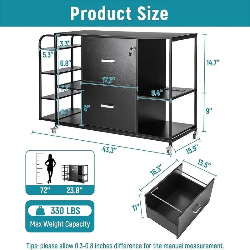 2 Drawer Mobile Filing Cabinet with Outlet - 15.75D x 43.31W x 29.53H