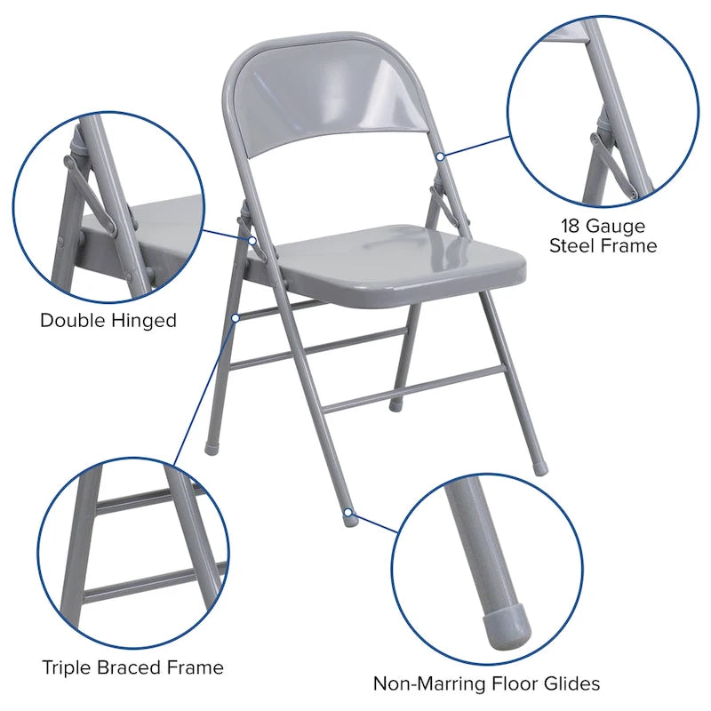 4 Pack Triple Braced & Double Hinged Metal Folding Chair