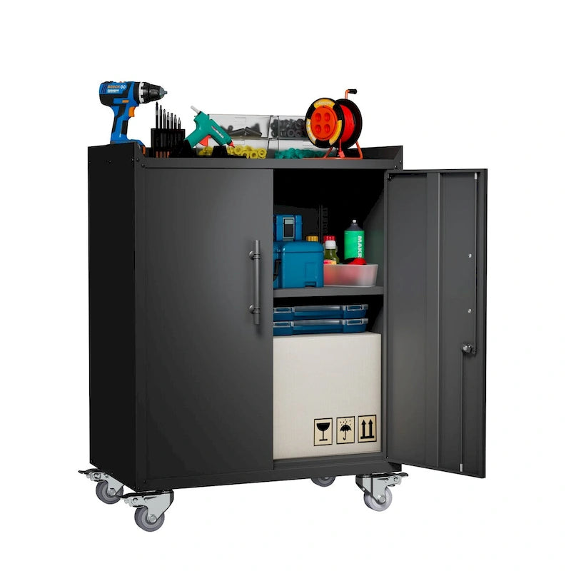 2 Door Tool Cabinets for Garage, Lockable Garage Storage Cabinet, Locking Metal Storage Cabinet with Wheels
