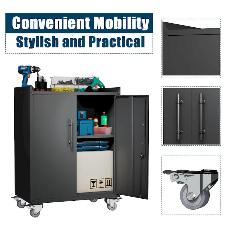 2 Door Tool Cabinets for Garage, Lockable Garage Storage Cabinet, Locking Metal Storage Cabinet with Wheels