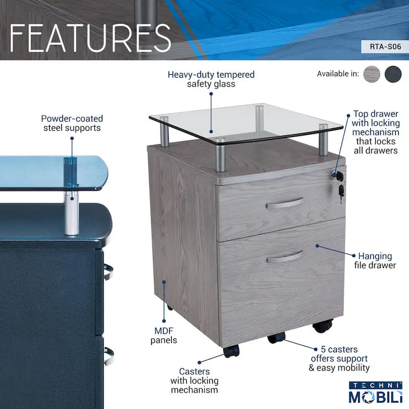 Rolling File Cabinet with Glass Top,High quality and durable, Grey
