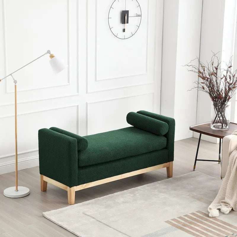53.5W Elegant Boucle Upholstered Bench, Ottoman with Wood Legs & Bolster Pillows