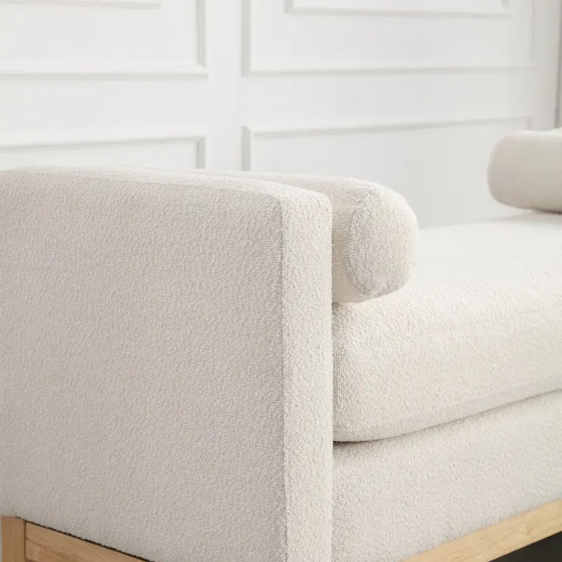 53.5W Elegant Boucle Upholstered Bench, Ottoman with Wood Legs & Bolster Pillows
