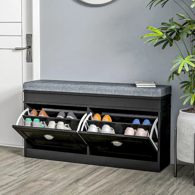 Shoe Rack Bench with Cushion, 2 Drawers and Adjustable Shelf