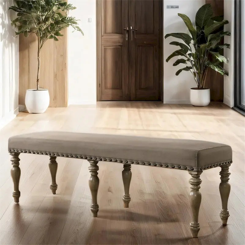Upholstered Bench with Nail Head Trim and Wood Legs