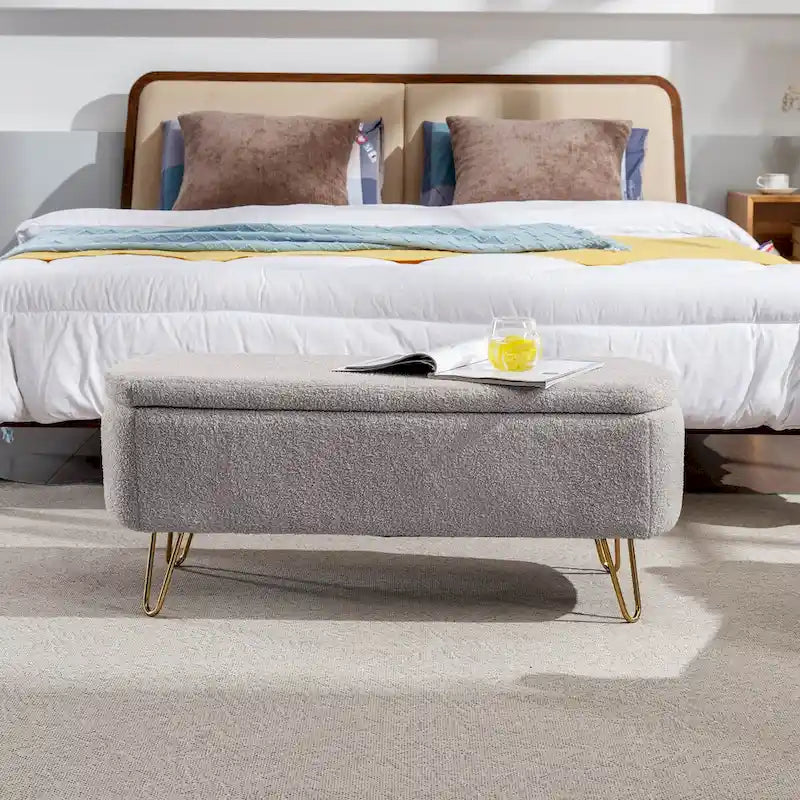 Grey Storage Ottoman Bench for End of Bed Gold Legs, Modern Grey Faux Fur Entryway Bench Upholstered Padded with Storage
