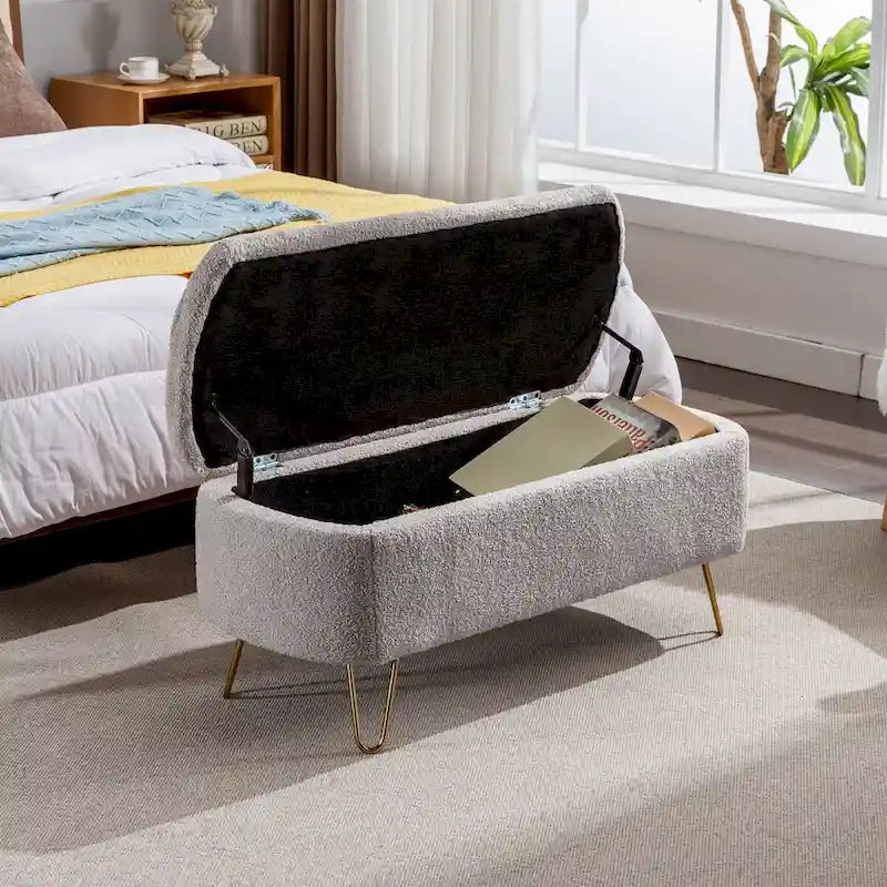 Grey Storage Ottoman Bench for End of Bed Gold Legs, Modern Grey Faux Fur Entryway Bench Upholstered Padded with Storage