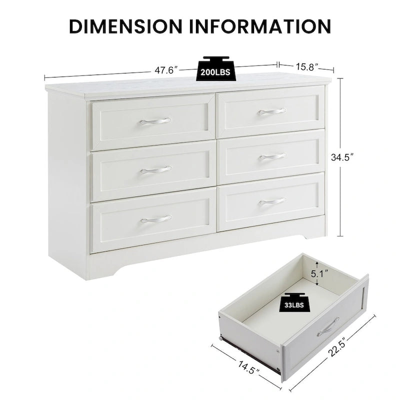 Modern 3 Drawer Bedroom Chest of Drawers with 6 Drawers Dresser, Clothes Organizer -Metal Pulls for Living Room, Bedroom