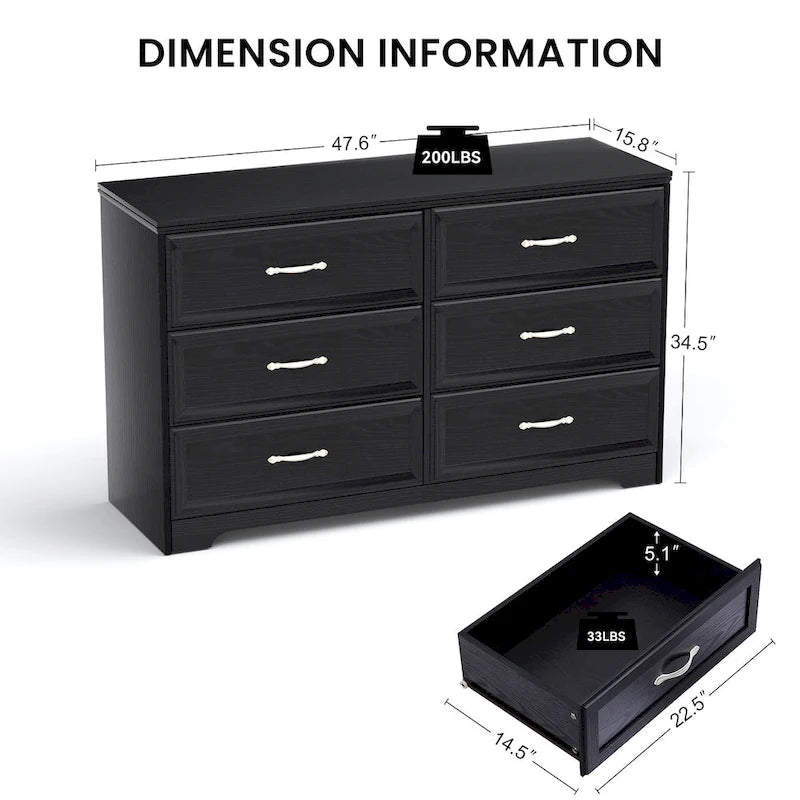 Modern 3 Drawer Bedroom Chest of Drawers with 6 Drawers Dresser, Clothes Organizer -Metal Pulls for Living Room, Bedroom