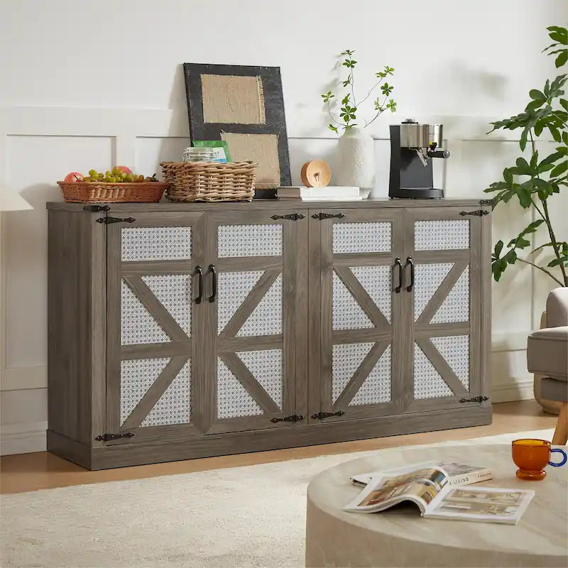 Rustic Faux Rattan Storage Cabinet