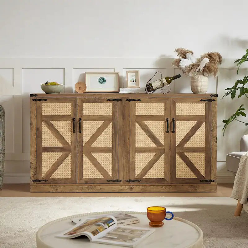 Rustic Faux Rattan Storage Cabinet