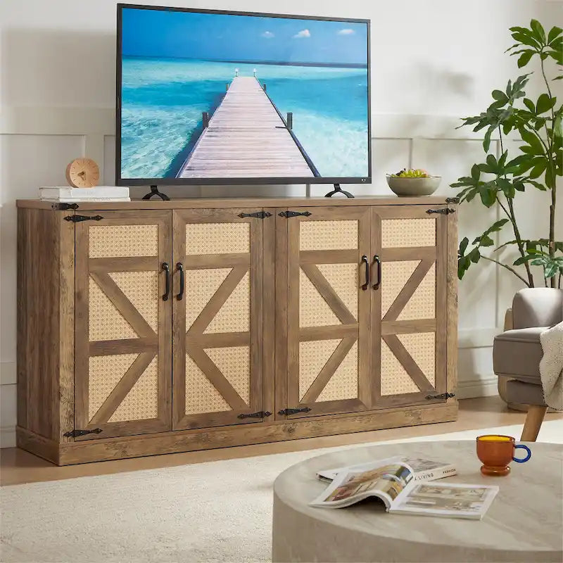 Rustic Faux Rattan Storage Cabinet