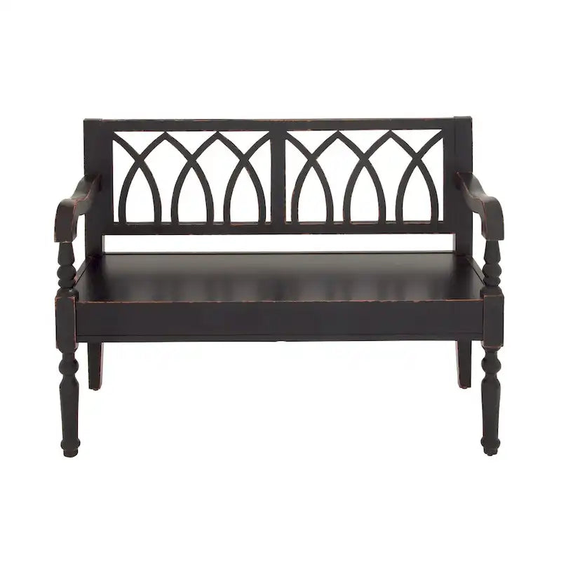 Wood Distressed Bench with Arched Design Back and Turned Legs - Black or White - Roche River Decor