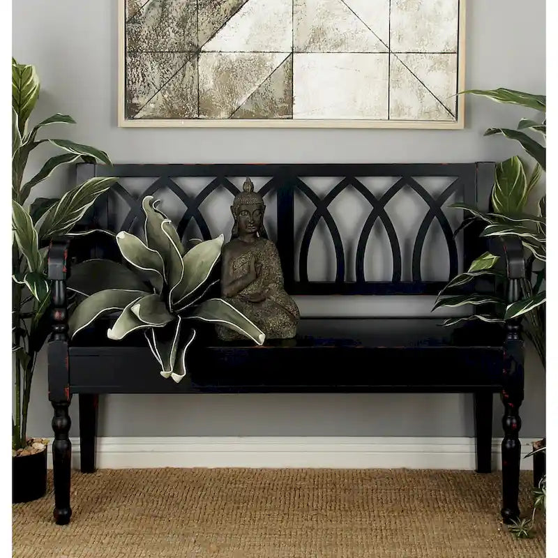 Wood Distressed Bench with Arched Design Back and Turned Legs - Black or White - Roche River Decor