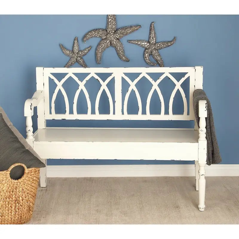 Wood Distressed Bench with Arched Design Back and Turned Legs - Black or White - Roche River Decor