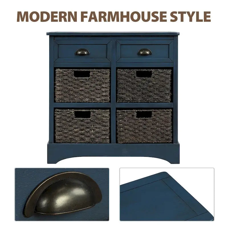 Rustic Storage Cabinet with Two Drawers and Four Classic Rattan Basket for Dining Room/Entryway/Living Room (Antique Navy)