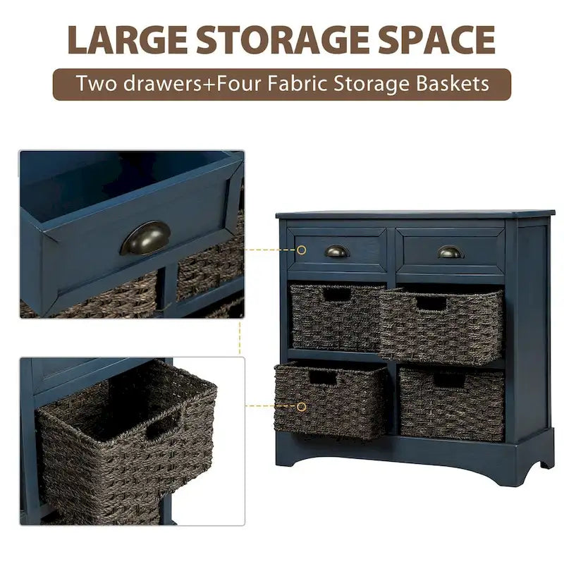 Rustic Storage Cabinet with Two Drawers and Four Classic Rattan Basket for Dining Room/Entryway/Living Room (Antique Navy)
