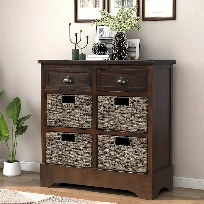 Rustic Storage Cabinet with Two Drawers and Four Classic Rattan Basket for Dining Room/Entryway/Living Room (Antique Navy)