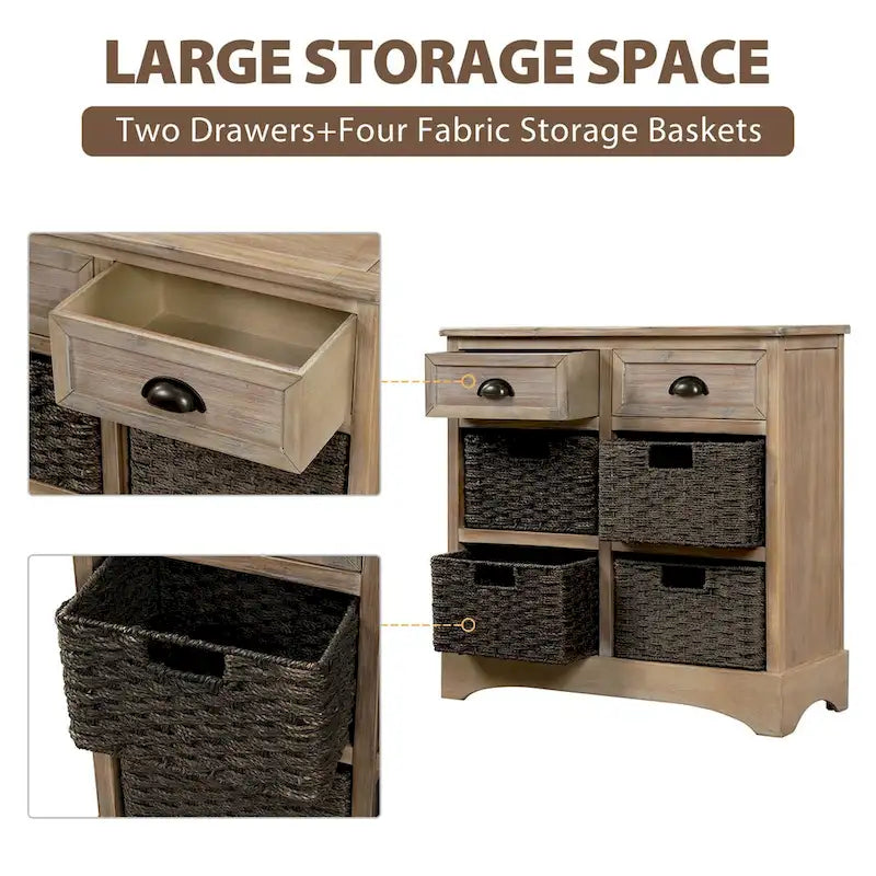 Rustic Storage Cabinet with Two Drawers and Four Classic Rattan Basket for Dining Room/Entryway/Living Room (Antique Navy)