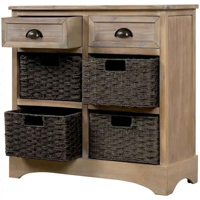 Rustic Storage Cabinet with Two Drawers and Four Classic Rattan Basket for Dining Room/Entryway/Living Room (Antique Navy)