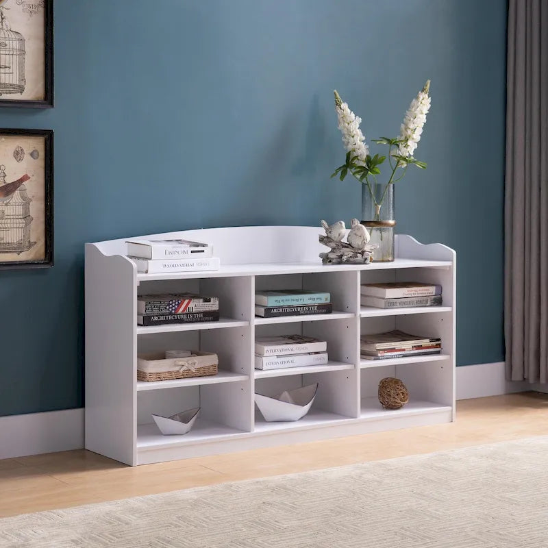 White Shoe Storage Bench, Nine Storage Shelves, Entryway Organizer