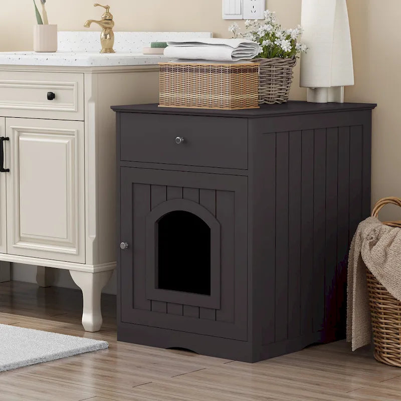 Wooden Pet House Cat Litter Box Enclosure with Drawer, Side Table, Indoor Pet Crate, Cat Home (Brown)