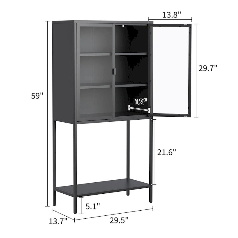 Storage CabinetAdjustable Shelves,Adjustable FeetGlass Doors and Shelves