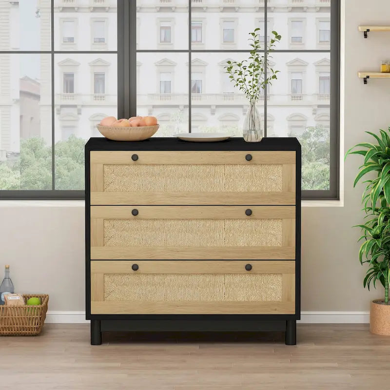 30.313-Drawers Storage Cabinet Rope Woven Drawer,for Bedroom,Living Room,Dining Room,Hallways,Black