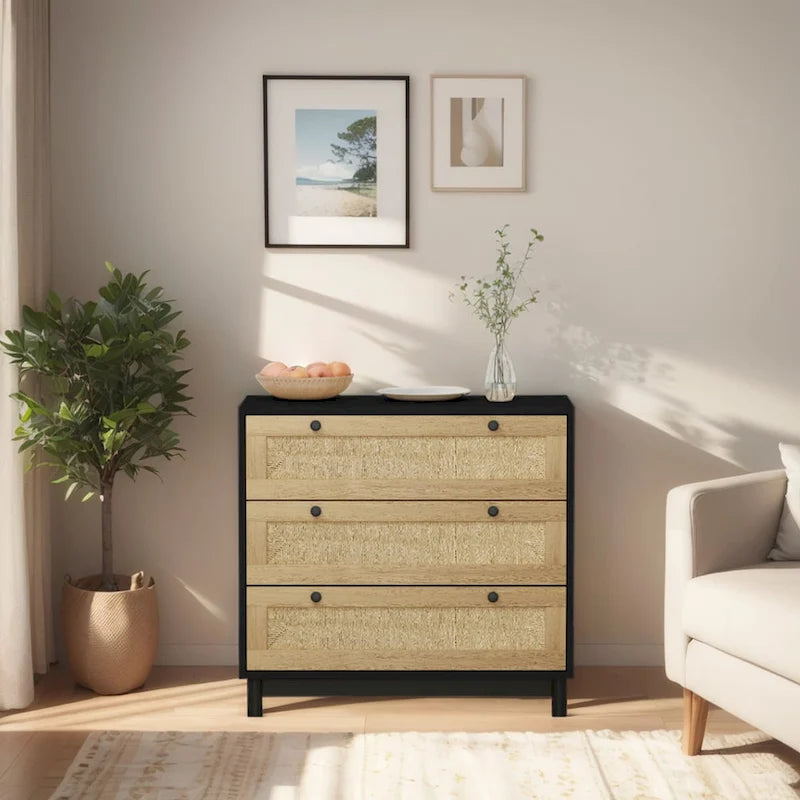30.313-Drawers Storage Cabinet Rope Woven Drawer,for Bedroom,Living Room,Dining Room,Hallways,Black
