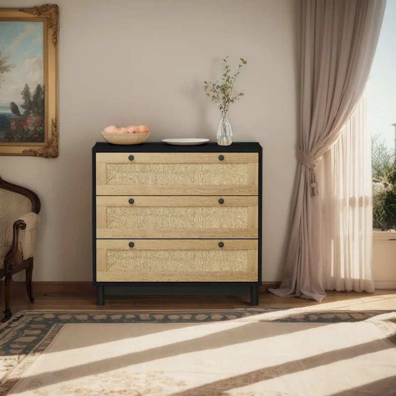 30.313-Drawers Storage Cabinet Rope Woven Drawer,for Bedroom,Living Room,Dining Room,Hallways,Black