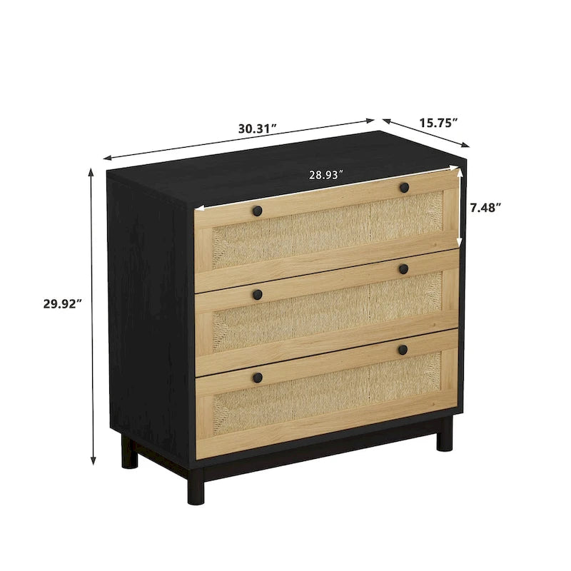 30.313-Drawers Storage Cabinet Rope Woven Drawer,for Bedroom,Living Room,Dining Room,Hallways,Black