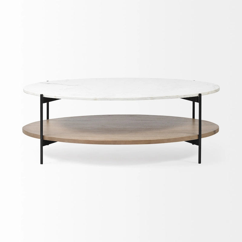 HomeRoots 48 Brown and Black Genuine Marble and Metal Oval Coffee Table With Shelf - 30