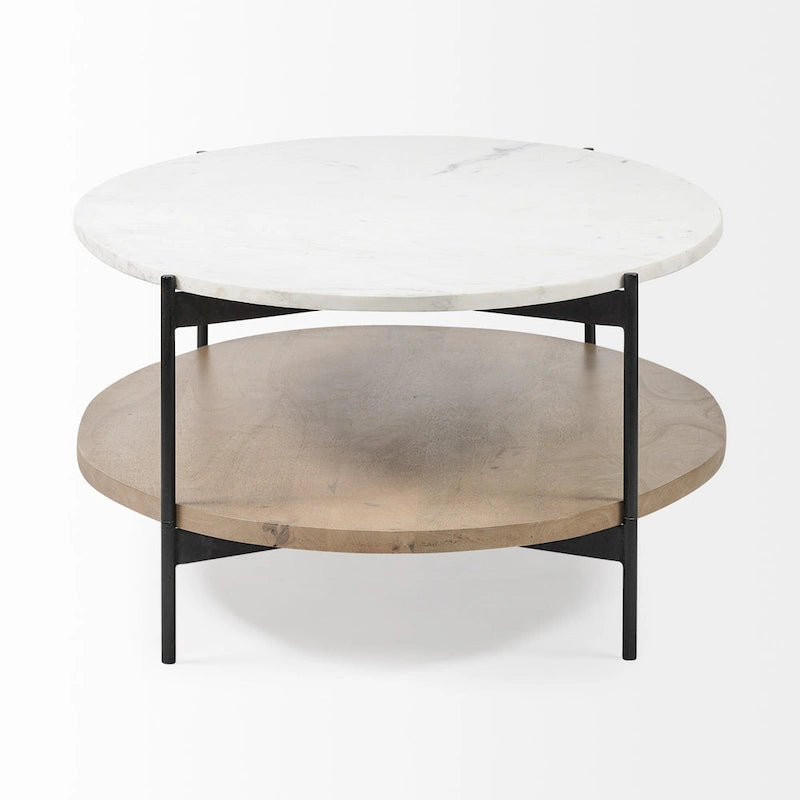 HomeRoots 48 Brown and Black Genuine Marble and Metal Oval Coffee Table With Shelf - 30