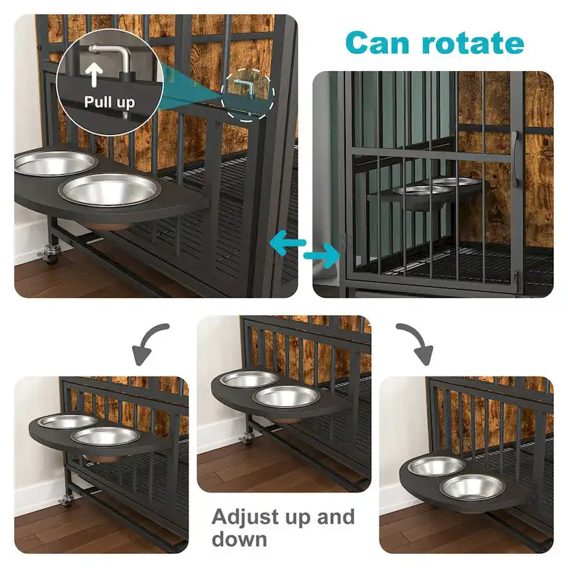 Kennel Dogs room up to 80 LB with Rremovable Ttray,2 Door Dog House,lift Panel,360 Degree Rotation,3 Height Adjustable Bowls