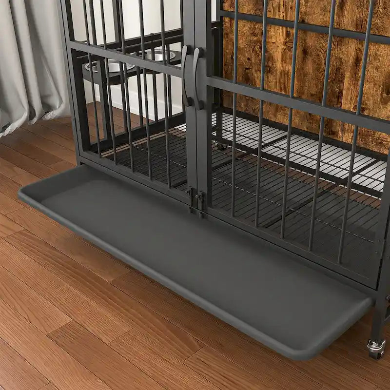 Kennel Dogs room up to 80 LB with Rremovable Ttray,2 Door Dog House,lift Panel,360 Degree Rotation,3 Height Adjustable Bowls