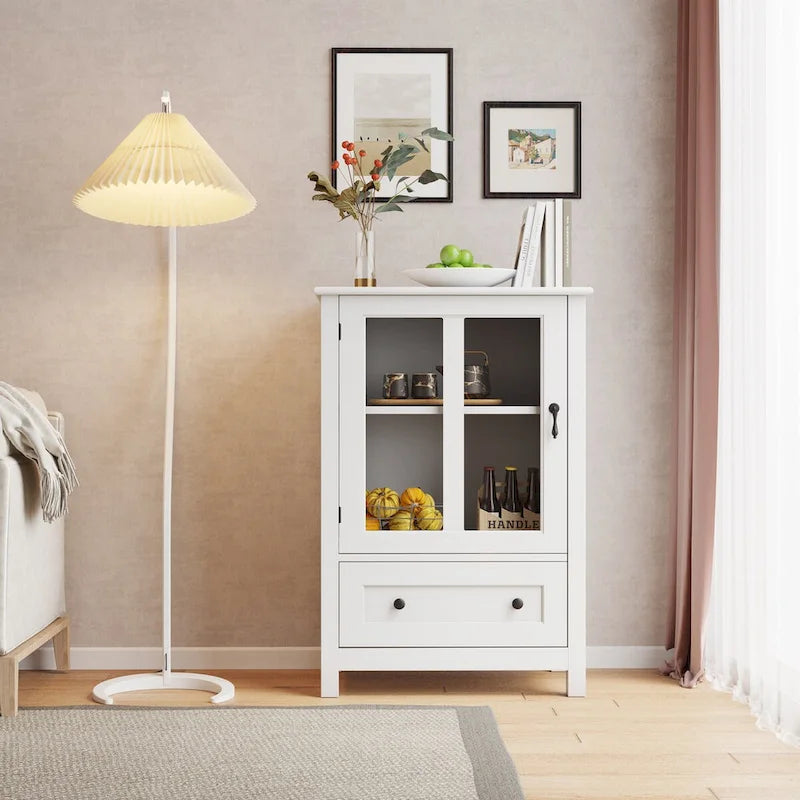 Buffet storage cabinet with single glass doors and unique bell handle