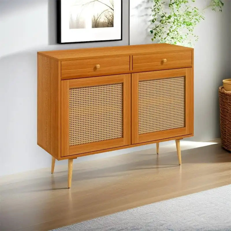 Rattan Doors Kitchen Cabinet with 2 Drawers and Adjustable Shelf - N/A