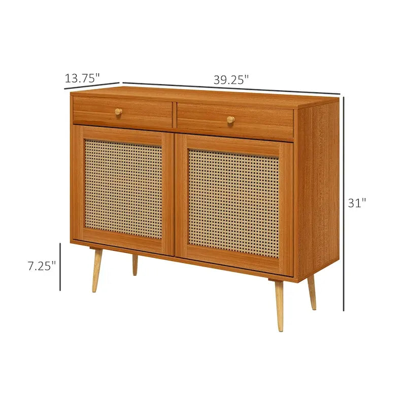 Rattan Doors Kitchen Cabinet with 2 Drawers and Adjustable Shelf - N/A