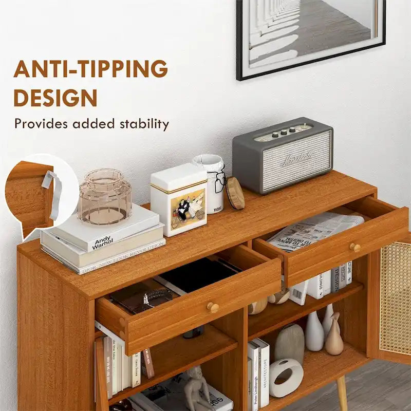 Rattan Doors Kitchen Cabinet with 2 Drawers and Adjustable Shelf - N/A