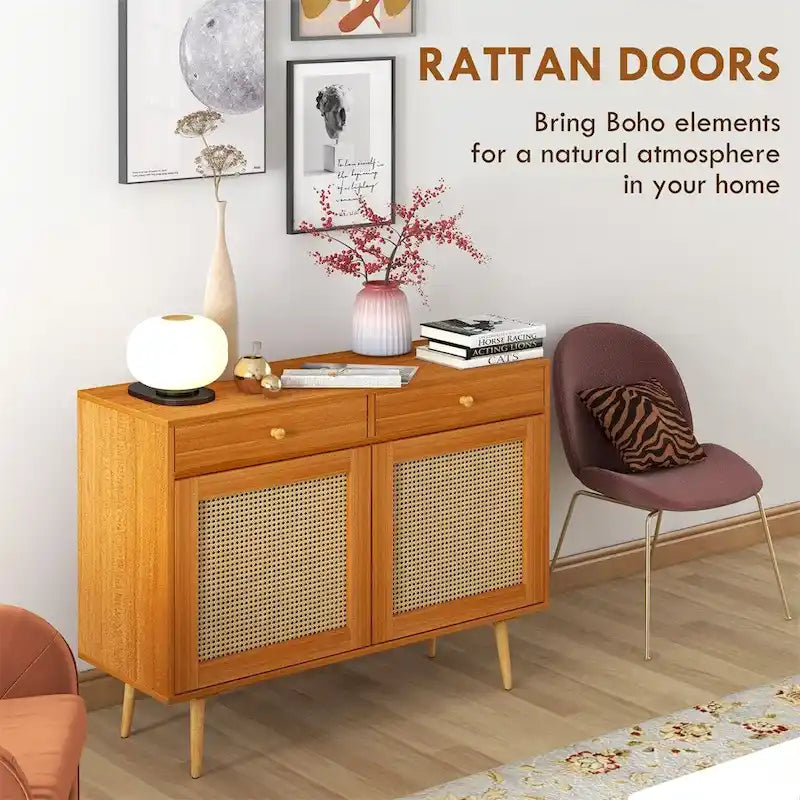 Rattan Doors Kitchen Cabinet with 2 Drawers and Adjustable Shelf - N/A